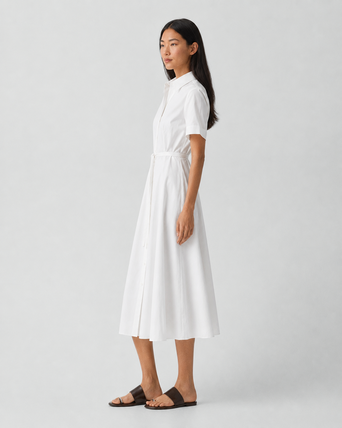 Short-Sleeve Belted Poplin Shirt Dress