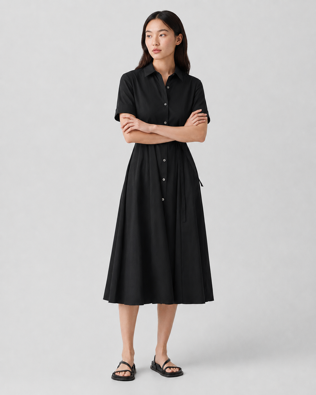 Short-Sleeve Belted Poplin Shirt Dress