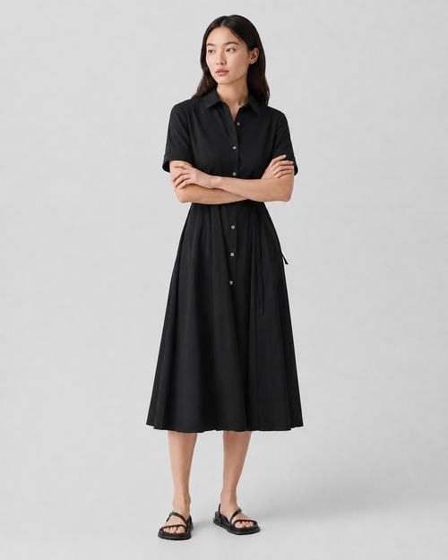 Short-Sleeve Belted Poplin Shirt Dress