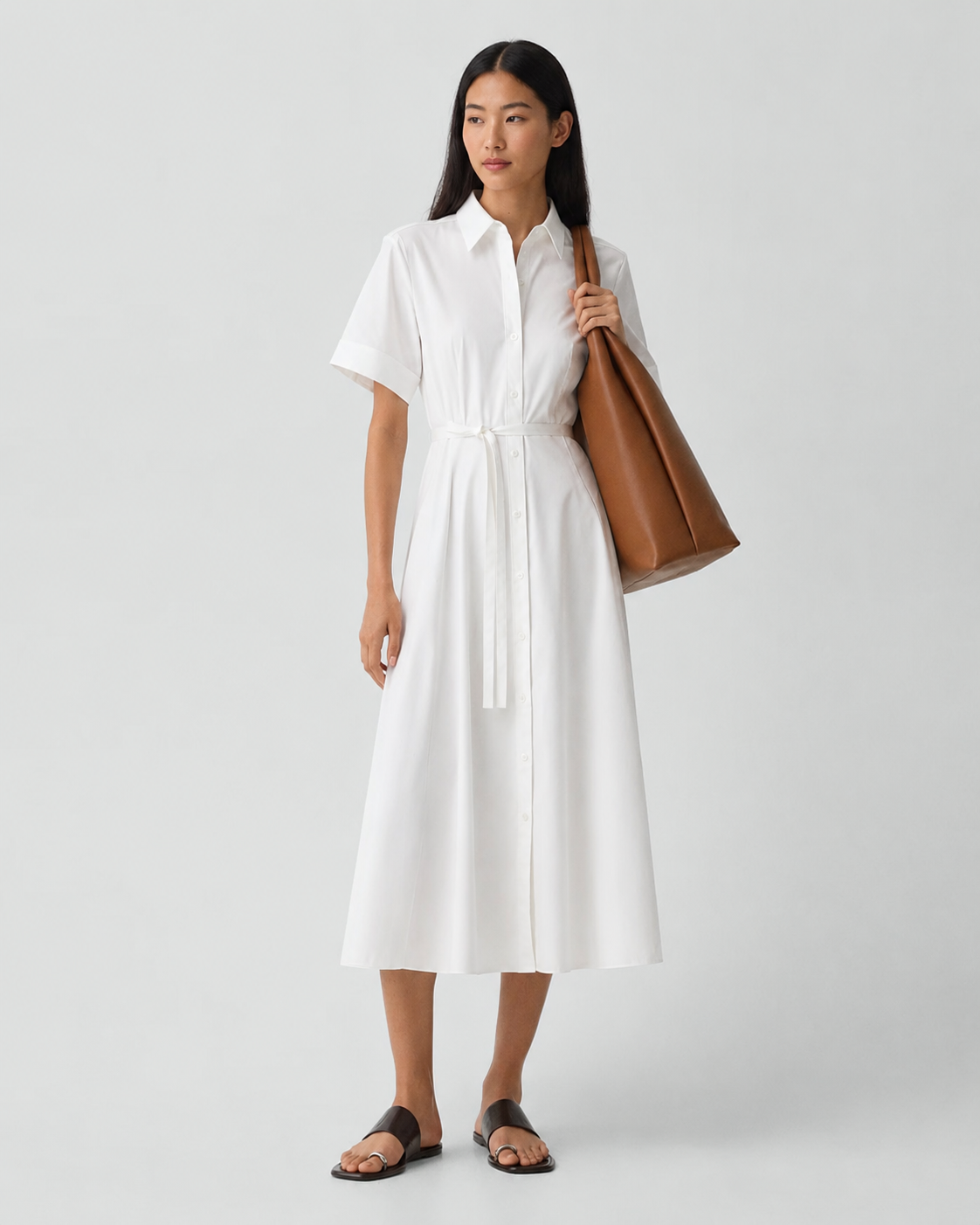 Short-Sleeve Belted Poplin Shirt Dress