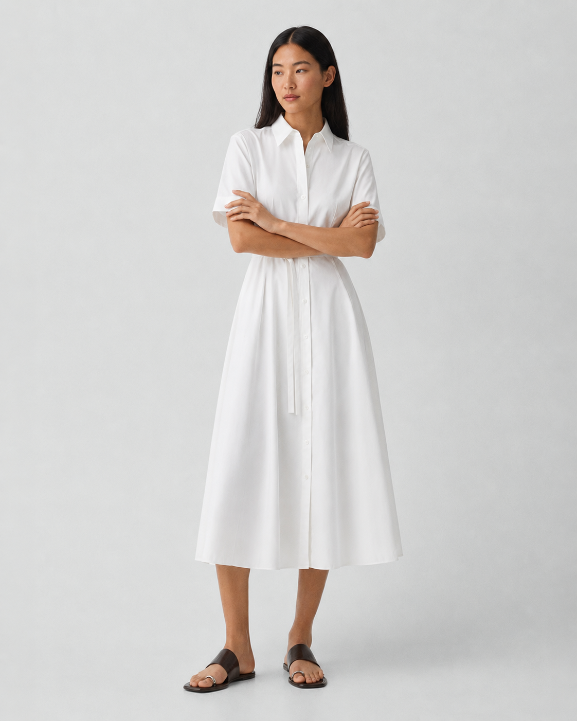 Short-Sleeve Belted Poplin Shirt Dress